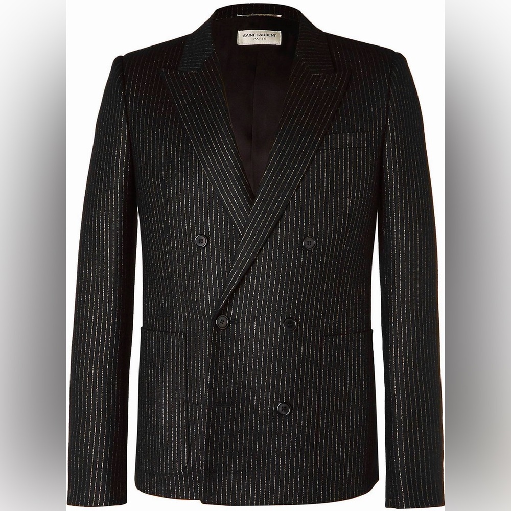 SAINT LAURENT Double-Breasted Black Pinstripe Wool-Blend Blazer Sz 50(BRAND NEW)